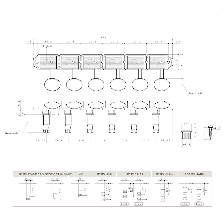 TK-7780-001 Gotoh SDS510 Vintage Style 6 in line Keys (Qty 6) - Image 2